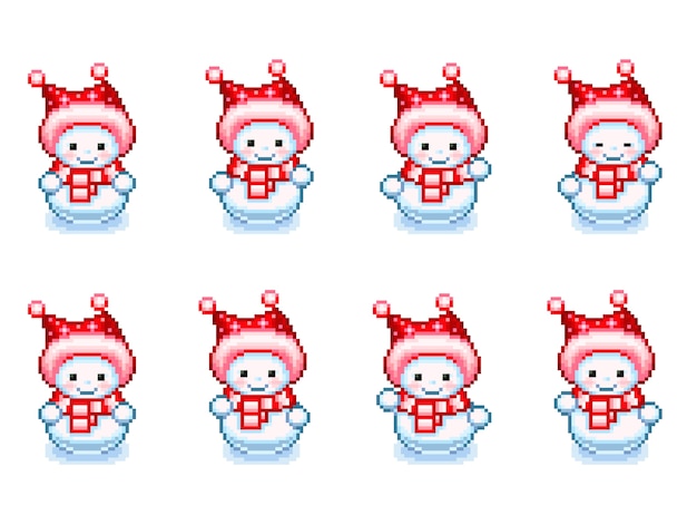 Folha de sprite do boneco de neve dançando no estilo pixel-art. ilustração isolada no fundo branco.