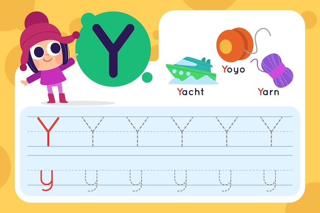 Vetor folha de trabalho da letra y com iate e yoyo