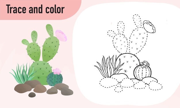 Folha de trabalho de traçar e colorir, praticando para crianças em idade pré-escolar: cactus