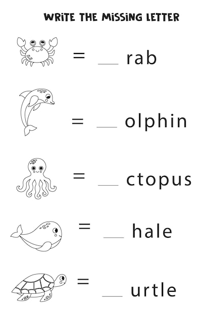 Folha de trabalho para crianças escreva a letra que falta animais marinhos preto e branco