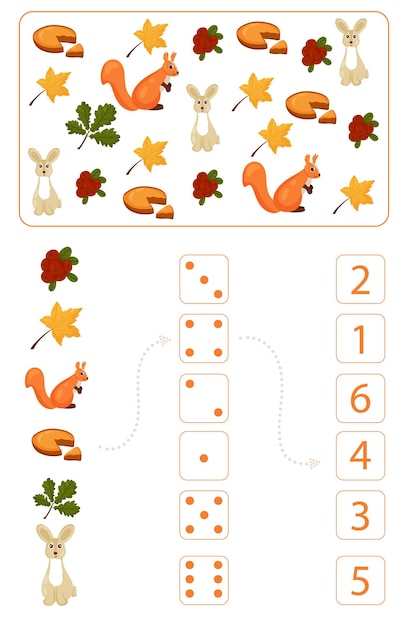 Folha de trabalho para o ensino de matemática e numeramento sobre o tema do outono. para crianças em idade pré-escolar e crianças do jardim de infância que estudam números e contagem. ilustração vetorial