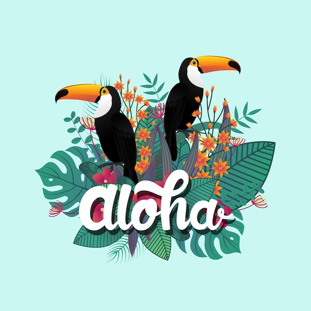 Folha tropical da decoração do molde do cartaz de Aloha e pássaros do tucano.