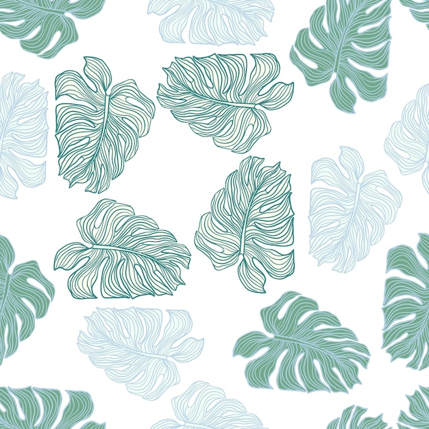 Folhas botânicas mínimas silhueta padrão sem emenda em fundo branco. cenário de folhagem tropical monstera. design para tecido, impressão têxtil, papel de embrulho. ilustração vetorial