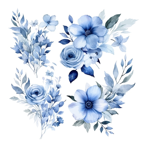 Folhas de aquarela azul e clipart de arranjo floral