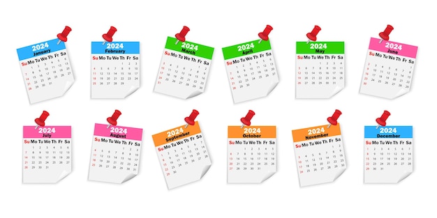 Folhas de calendário 2024 em alfinetes. diferentes meses do calendário. folhas de calendário multicoloridas.