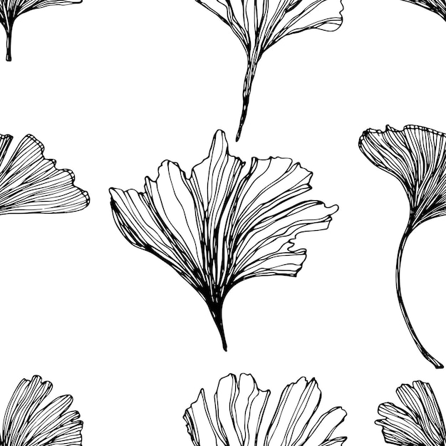 Vetor folhas de ginkgo biloba em fundo branco padrão sem costura pode ser usado para padrão de papel de parede