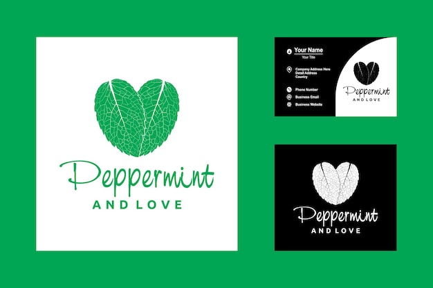 Folhas de hortelã-pimenta e inspiração de design de logotipo de ícone de amor de coração