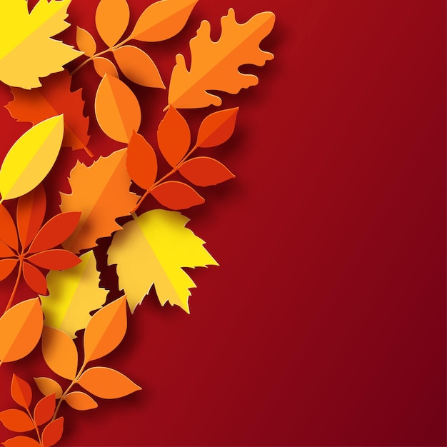 Folhas de outono de papel fundo colorido. ilustração em vetor estilo corte de papel 3d moderno