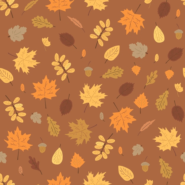 Folhas de outono desenhadas à mão padrão de vetor sem costura