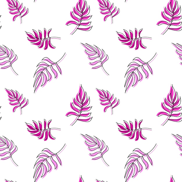 Folhas de palmeira de padrão vetorial sem costura folha rosa e contorno no fundo para embalagens de têxteis fa