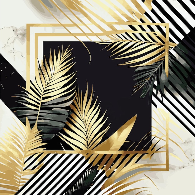 Vetor folhas de palmeira douradas em vetor de cartão postal de modelo de fundo de mármore branco e preto