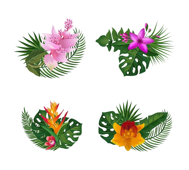 Vetor folhas de palmeira tropical e bouquets de elementos de flores exóticas