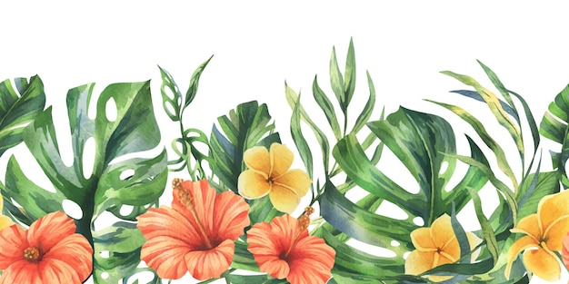 Folhas de palmeira tropical monstera e flores de plumeria hibisco brilhante suculenta aquarela desenhada à mão