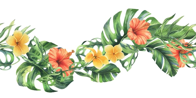 Folhas de palmeira tropical monstera e flores de plumeria hibisco brilhante suculenta aquarela desenhada à mão