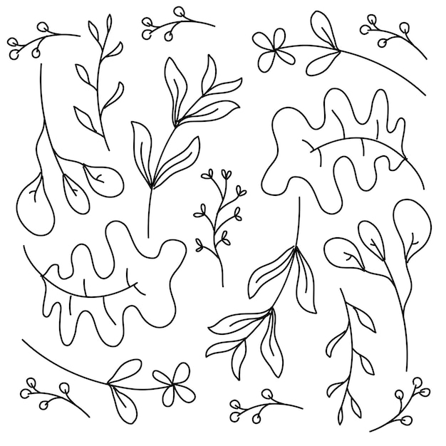 Folhas de plantas com design vetorial de estilo de linha doodle