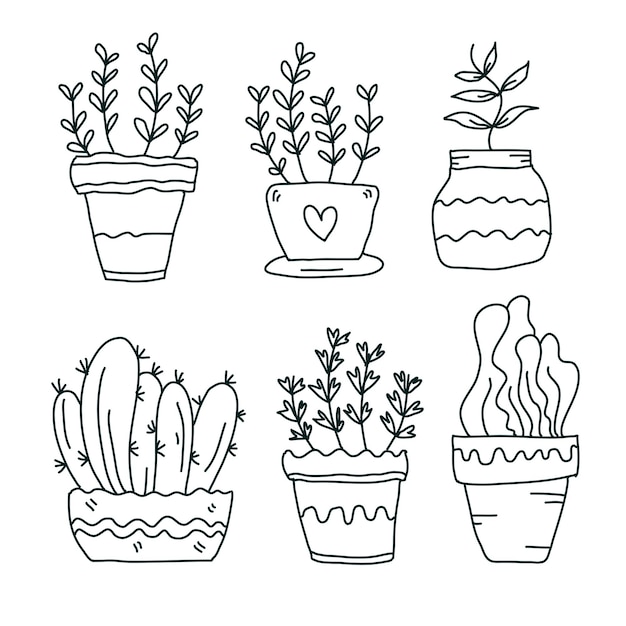 Folhas de plantas com design vetorial de estilo de linha doodle