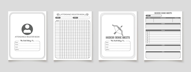 Vetor folhas de pontuação de tiro com arco kdp design de livro de registro interior
