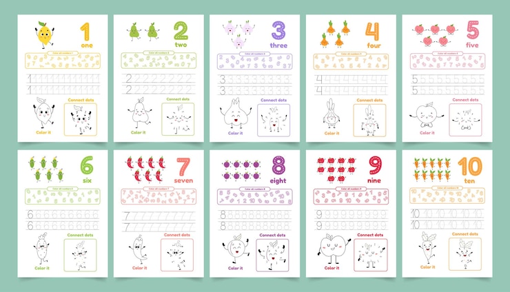 Vetor folhas de trabalho de atividade para crianças com muitos exercícios aprenda o número de 1 a 10 trace a cor ponto a ponto