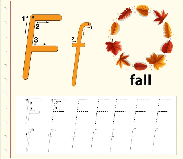 Folhas de trabalho do alfabeto de traçado da letra f