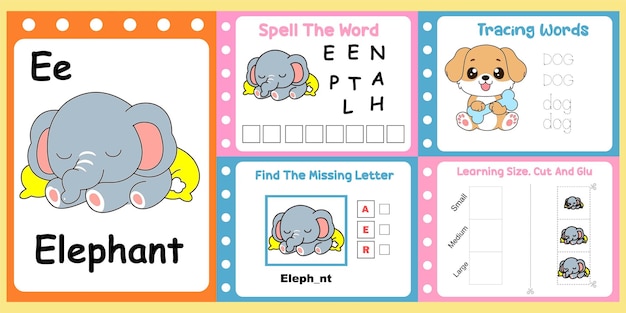 folhas de trabalho pacote para crianças um vector de elefante bonito