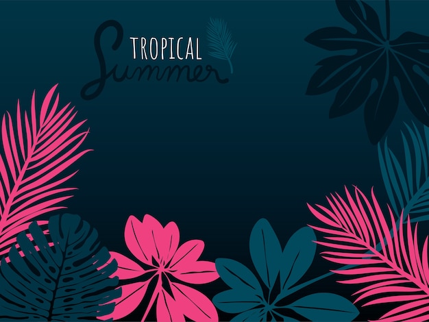 Folhas de verão tropical rosa e azul sobre fundo azul escuro