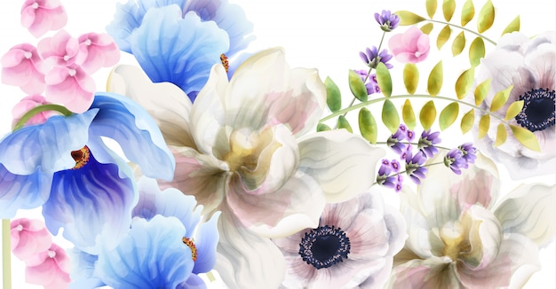 Folhas e flores em aquarela