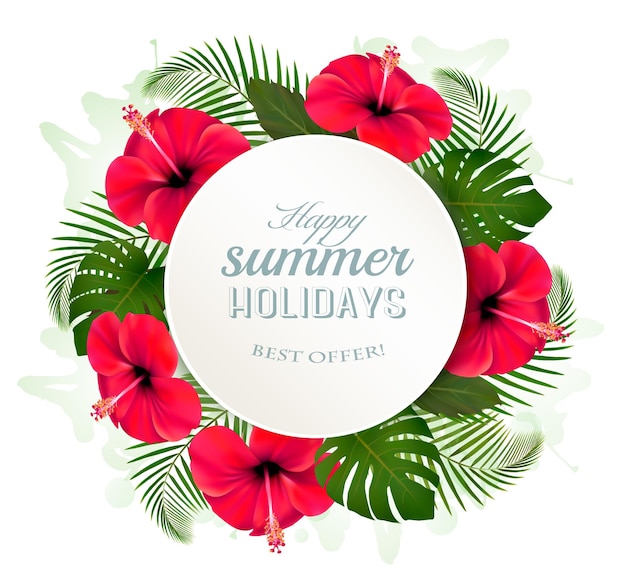 Folhas e flores tropicais com um banner de férias de verão. Vetor.