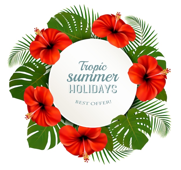 Folhas e flores tropicais com um banner de férias de verão. Vetor.