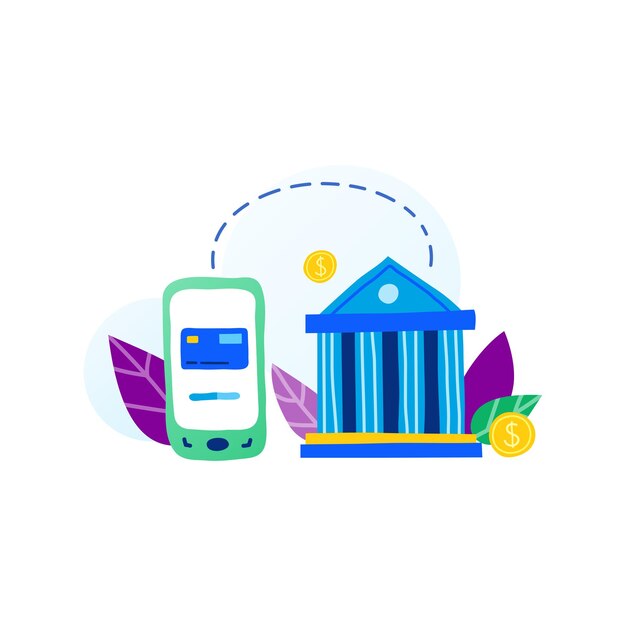 Folhas e ícone de banco de smartphone doodle plano