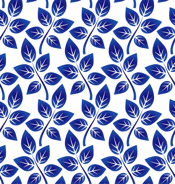 Folhas padrão, azul e branco sem costura cerâmica, fundo de porcelana, vetor illus