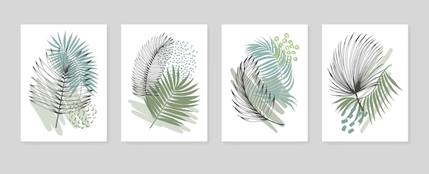 Folhas tropicais abstratas ilustrações pintadas à mão para decoração de parede cartão postal banner de mídia social