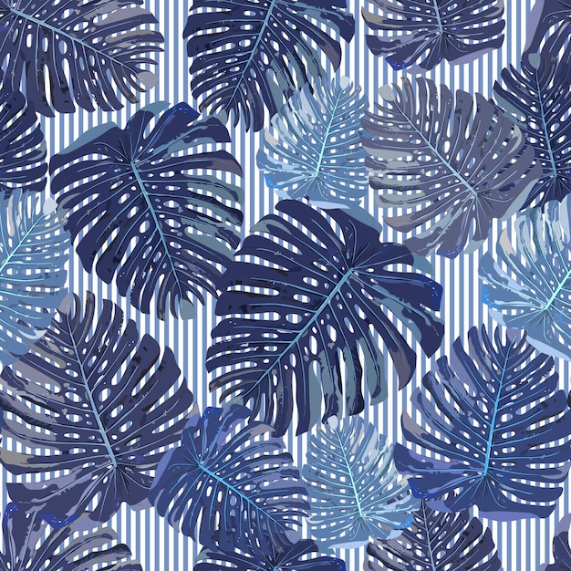 Folhas tropicais azuis sem costura padrão no fundo de tiras vect