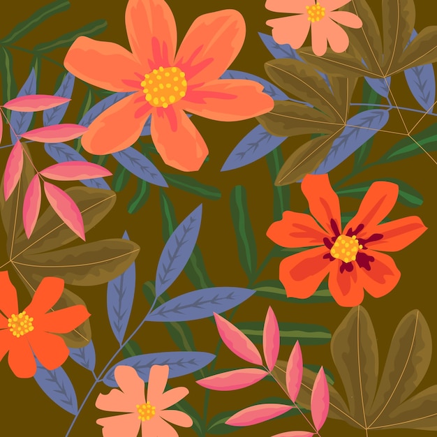 Folhas tropicais botânicas e flores em ilustração vetorial de padrão florestal para fundo