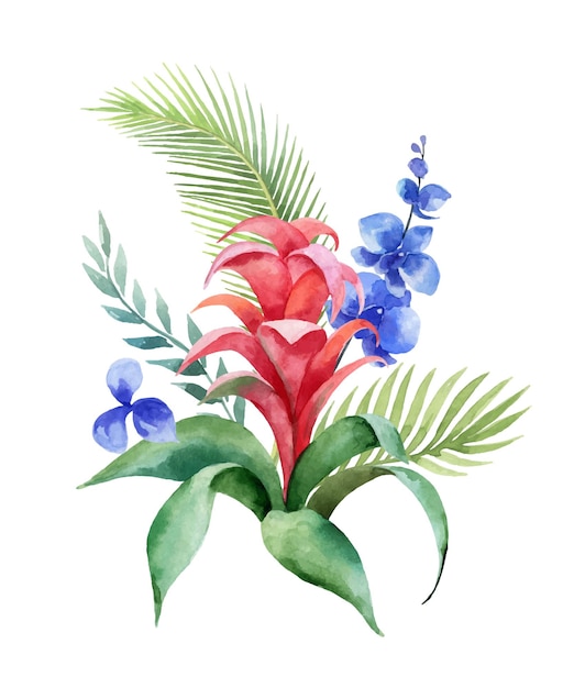 Vetor folhas tropicais de buquê vetorial aquarela e flores exóticas brilhantes isoladas em fundo branco