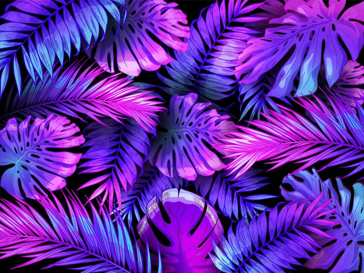 Vetor folhas tropicais de cor neon. a folha de palmeira colorida na moda, o fundo da selva e as plantas exóticas roxas deixam a ilustração do papel de parede.