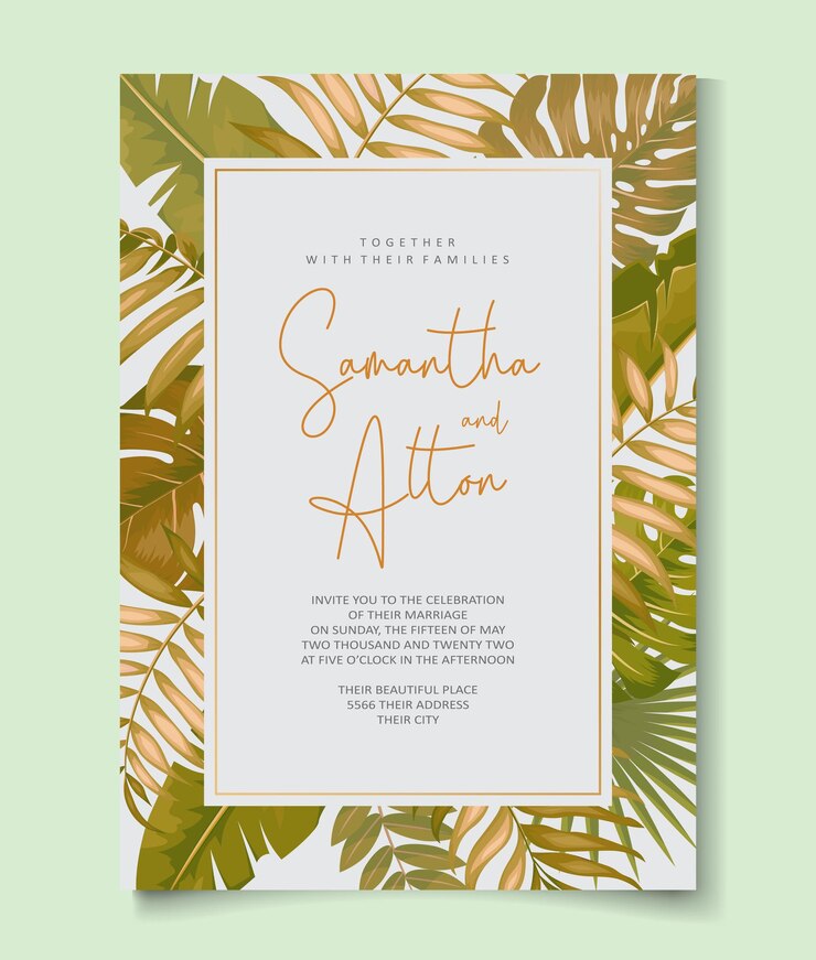 Folhas tropicais design de cartão de casamento