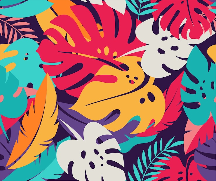 Vetor folhas tropicais, padrão colorido sem emenda