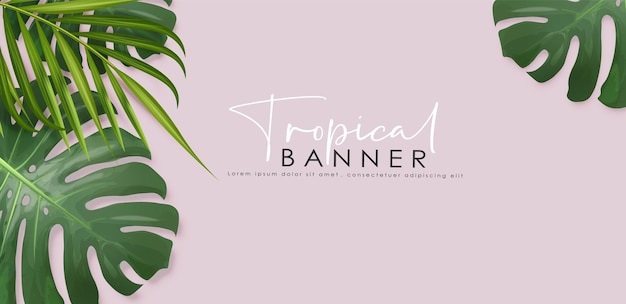 Folhas tropicais realistas, banner de verão, cartão tropical, fundo rosa exótico, design gráfico