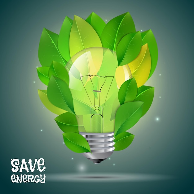 Folhas verdes com lâmpada podem ser usadas para layout de fluxo de trabalho, apresentação e design de web. Ilustração do vetor de economia de energia.