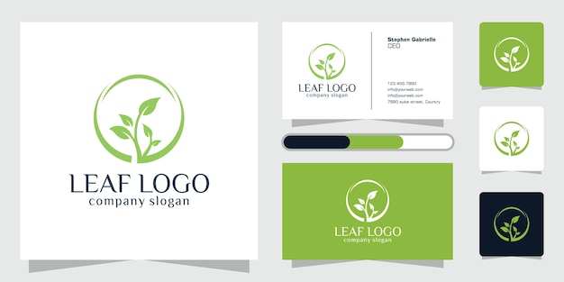 Folhas verdes logotipo planta natureza eco jardim ícone estilizado botânico e cartão de visita