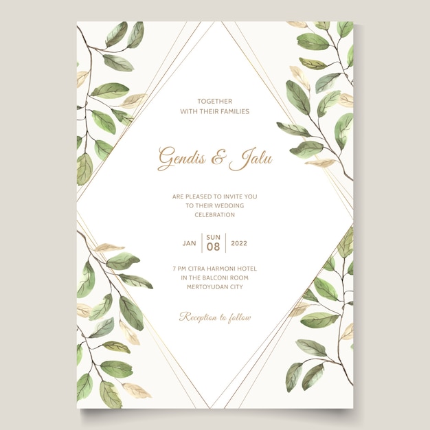 folhas verdes modelo de convite de casamento em aquarela