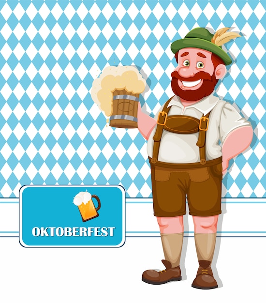 Folheto da Oktoberfest. Homem com roupas da Baviera