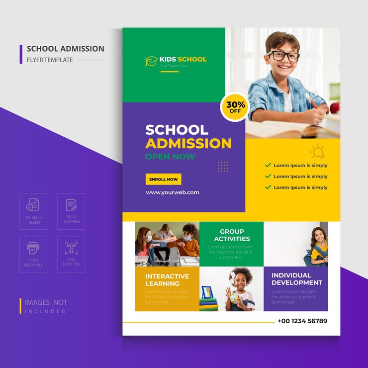 Folheto de admissão escolar ou folheto de educação infantil e modelo de folheto