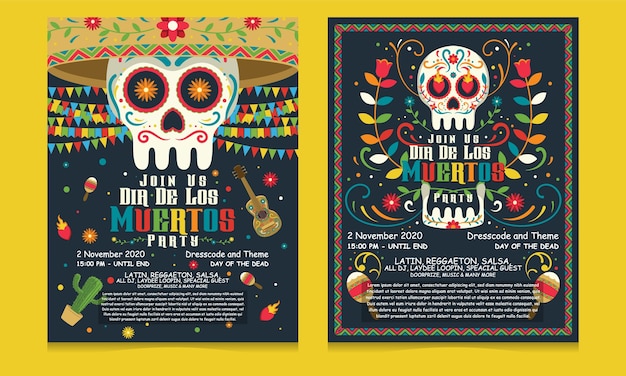 Folheto de banner com o dia dos mortos no méxico, modelo de festa de feriado do dia de los muertos