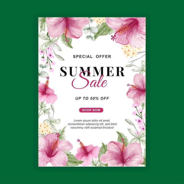 Folheto de banner de venda de verão com aquarela de flor de hibisco