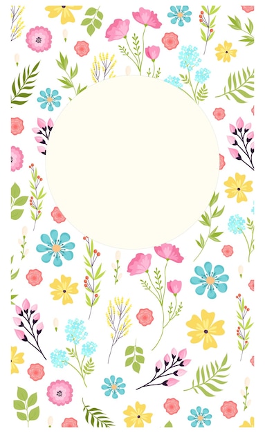 Folheto de cartaz de feliz primavera de cartão floral com ilustração vetorial de design de flor olá decoração de primavera em fundo de natureza de quadro e letras