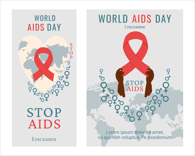 Folheto de cartaz do dia mundial da aids pessoas negras segurando fita vermelha como símbolo do controle da aids apoio para pessoas infectadas pelo hiv mapa do mundo com letras de gênero ilustração vetorial