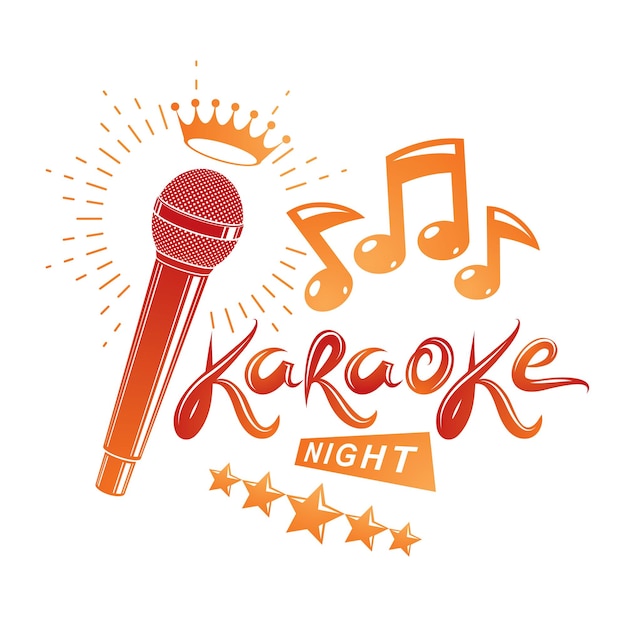 Folheto de convite de vetor de discoteca de noite de karaokê criado com microfone de palco com coroa real e notas musicais.