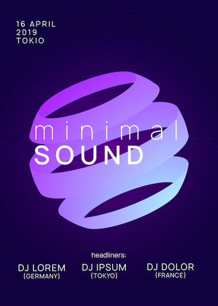 Folheto de dança. Conceito de convite de concerto da moda. Forma e linha de gradiente dinâmico. Folheto de dança de néon. Música electro trance. Techno dj party. Evento de som eletrônico. Cartaz do clube fest.