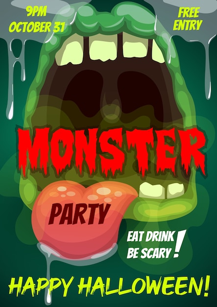 Folheto de feliz festa de Halloween com boca de monstro